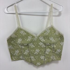 Romwe‎ Fairycore Boho Butterfly Print Lace Trim Crop Cami Top Green Size L